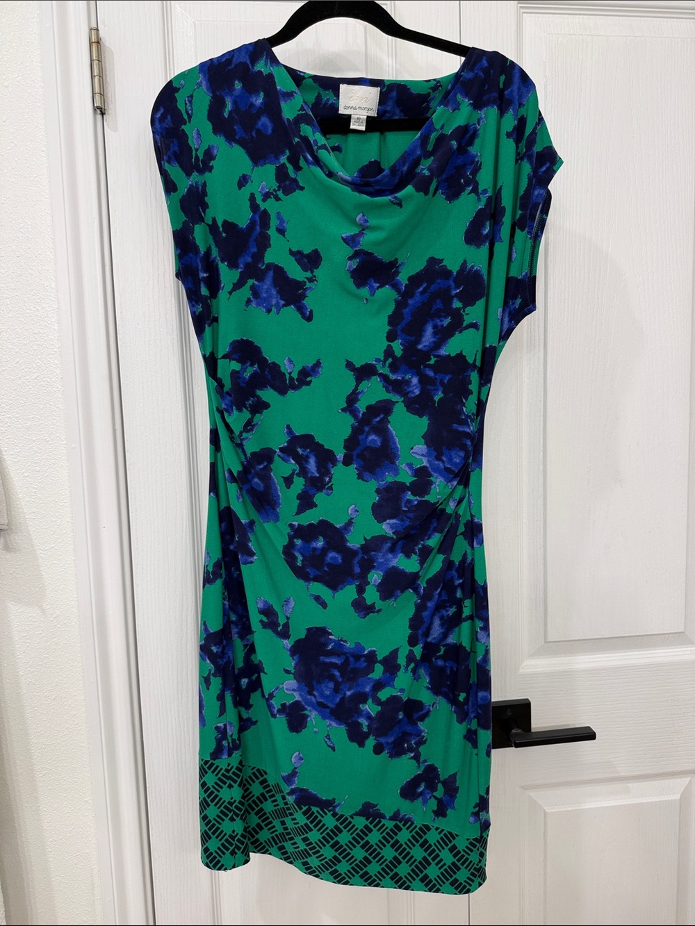 Donna Morgan Green Blue Floral Draped Sheath Dress Cap Sleeve Size 10